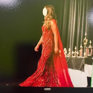 Red and silver Sherri Hill gown, custom made detachable cape